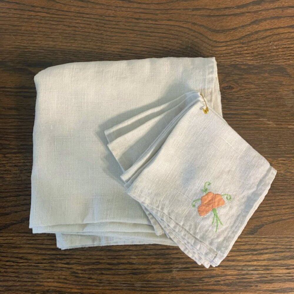 Vintage Linen Floral Embroidery Tablecloth and Napkins